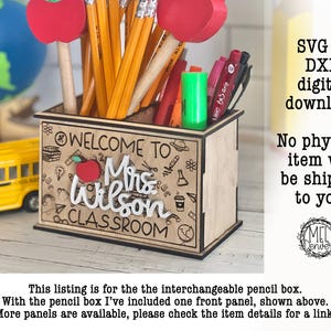 Suporte para caixa de lápis para caneta de volta às aulas do professor intercambiável, vem com uma placa frontal conforme mostrado cortador a laser de madeira / Glowforge svg dxf