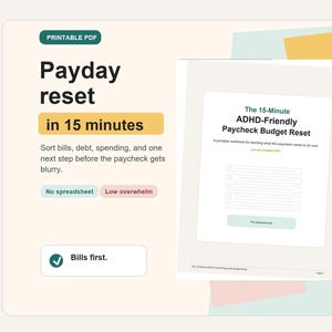 Könnte beinhalten: Ein druckbares PDF mit dem Titel "Payday reset" in 15 Minuten. Das Bild enthält ein Arbeitsbuch zum Sortieren von Rechnungen, Schulden und Ausgaben. Der Text enthält auch die Optionen "No spreadsheet" und "Low overwhelm".