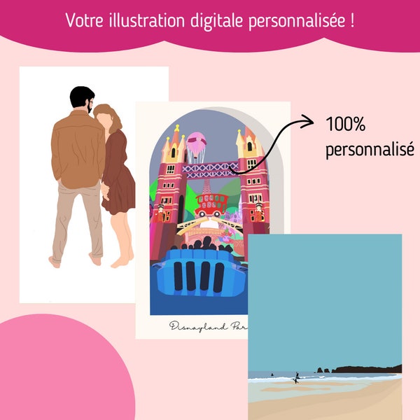 Custom digital color illustration of wedding venue, couple portrait, invitation, digital download, PNG JPEG format