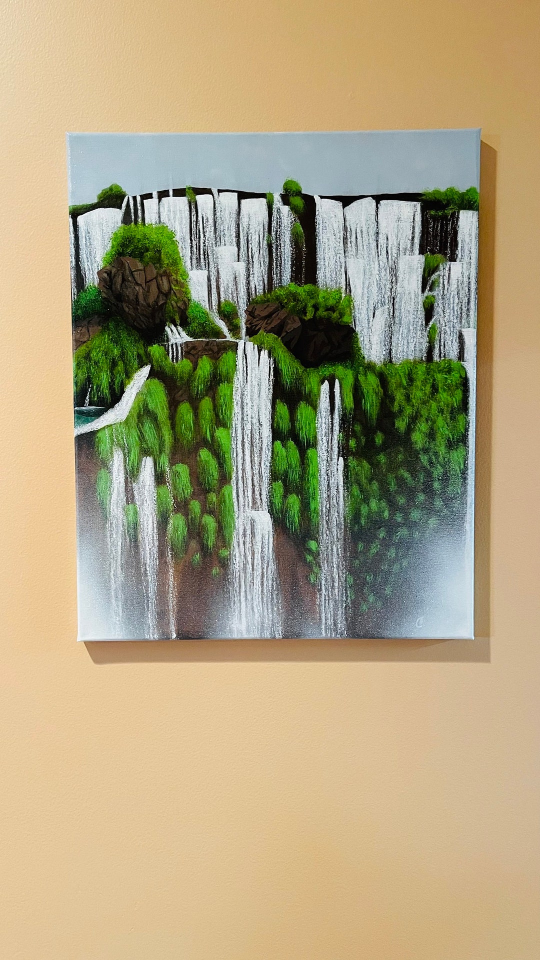 Waterfalls Painting Green Wall Art Waterfall Wall Decor Nature Art