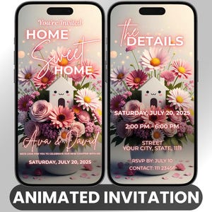 Home Sweet Home Invitation Animated, Pink Floral Video Evite, Cute House Party, Edytowalny Szablon Canva, Dziewczęcy Nowy Dom