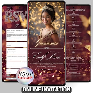 Pode incluir: Três smartphones exibindo um convite de quinceañera. A tela principal mostra uma jovem em um vestido formal e tiara. O convite inclui o texto "Emily Davis's Quinceanera" e "RSVP trackable". As palavras "Online Invitation" também são visíveis.