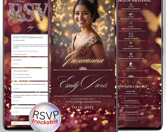 May include: Three smartphones displaying a quinceañera invitation. The main screen shows a young woman in a formal gown and tiara. The invitation includes the text "Emily Davis's Quinceanera" and "RSVP trackable". The words "Online Invitation" are also visible.