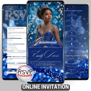 Sitio web de invitaciones para quinceañeras, invitación digital para quinceañeras, invitación Evite con mariposa azul real y mapa RSVP integrado, registro de regalos, plantilla editable