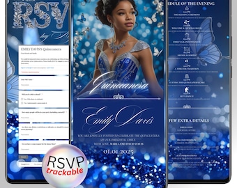 Puede incluir: Una invitación digital para una Quinceañera, con una joven con un vestido azul y tiara. La invitación incluye detalles de RSVP, el programa del evento y el texto "Emily Davis's Quinceañera" e "Invitación en línea."