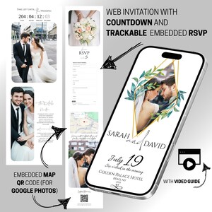 Moderne Web-Hochzeits-Einladung | Bearbeitbare Canva-Vorlage, nachverfolgbare Antwortantworten, eingebettete Karte und Countdown-Timer, mit Fotoalbum-QR-Code