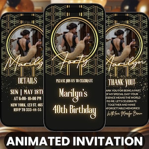 Glittery Gatsby-verjaardagsvideo-uitnodiging: bewerkbare gouden glamour (digitale download)