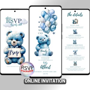 Invito per baby shower a tema orsetto blu, invito digitale per bambino, tema "Non vediamo l'ora", invito online per sito web con RSVP