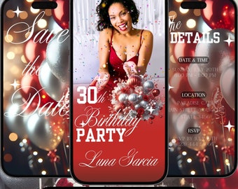 Red Silver Birthday Party Video Invitation: Floral Evite (Digital Download)