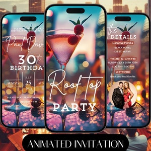 Faire-part d'anniversaire élégant sur le toit : cocktail pour adultes (numérique)