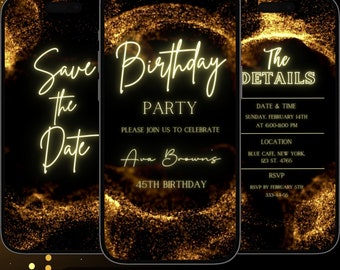 Gold Glitter Birthday Party Save the Date Invitation (Digital Evite)