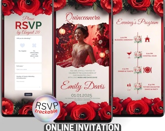 Quinceañera Digital Invitation | Red Roses Sweet 15-16 Invite | Editable Online Evite with RSVP