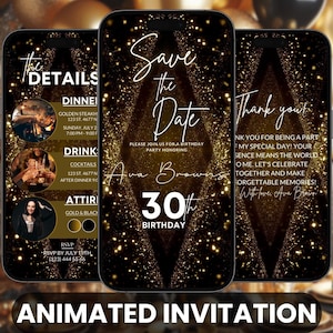 Gold Glitter Digital Birthday & Save the Date Invites | Customizable for Any Age and Style | Birthday Evite for Whatsapp and Iphone