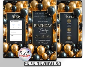 Cyfrowe zaproszenie urodzinowe, zaproszenie online | Czarno-złote balony | Śledzenie RSVP