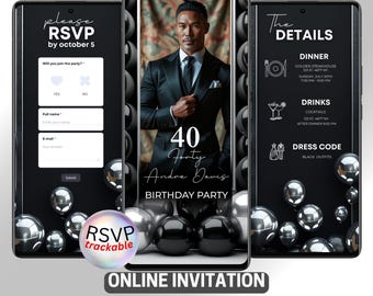 Modern 40th Birthday Digital Invitation: Black & Silver Party Evite