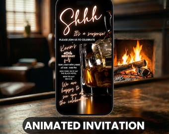 Whiskey Themed Surprise Birthday Video Invitation | Luxury Black Gold Mobile Canva Template