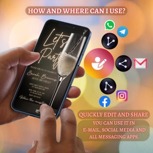 Peut inclure: Un smartphone noir affichant une invitation num&eacute;rique pour une f&ecirc;te de 40e anniversaire avec le texte "Let's Party" et un graphique de verre de champagne. L'invitation comprend le texte "Please join us to celebrate Sarah Brown's 40th Birthday" et les d&eacute;tails de l'&eacute;v&eacute;nement. Le t&eacute;l&eacute;phone est tenu par une main. L'image comprend &eacute;galement des ic&ocirc;nes pour les plateformes de m&eacute;dias sociaux telles que Facebook, Instagram, WhatsApp et le courrier &eacute;lectronique.