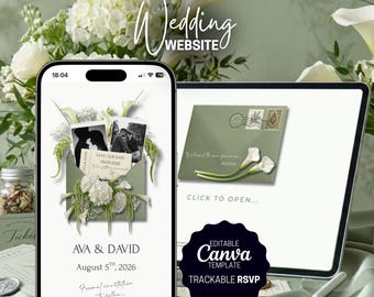 Wedding Website Template, Ticket Save The Date, Digital Invitation, Olive Green Wedding