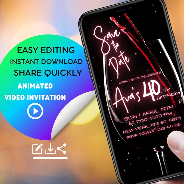 Digital Wine-Themed Birthday Invitation for 40th, 50th, 60th, or 70th | Save the Date Adult Birthday Invite | Wine Mobile Video Invitation