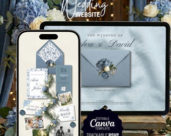 May include: A digital wedding website design featuring a tablet and smartphone displaying invitation mockups. The design includes floral accents, photos, and the text "Wedding Website", "Ava & David", and "Editable Canva Template".