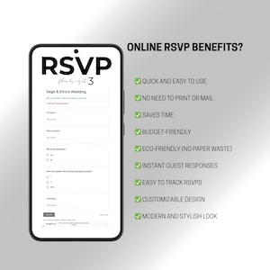Może przedstawiać: Smartfon wyświetla formularz RSVP online na ślub Sage i Elvisa. Ekran pokazuje pola na imię, numer telefonu i obecność. Tekst po prawej stronie wymienia korzyści: szybki, łatwy, bez drukowania, oszczędza czas, przyjazny dla budżetu, ekologiczny, natychmiastowe odpowiedzi.