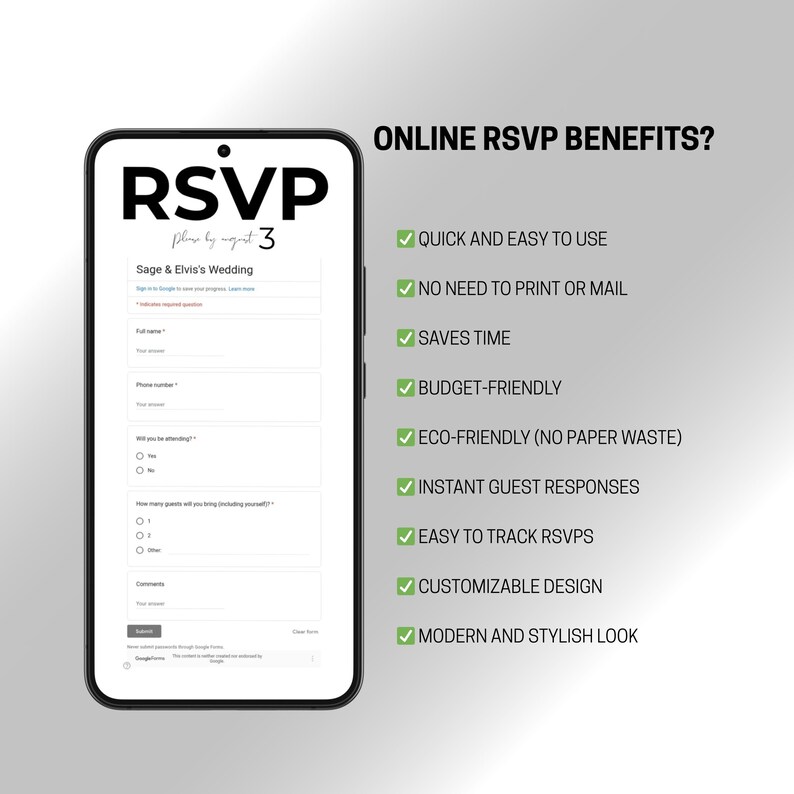 Może przedstawiać: Smartfon wyświetla formularz RSVP online na ślub Sage i Elvisa. Ekran pokazuje pola na imię, numer telefonu i obecność. Tekst po prawej stronie wymienia korzyści: szybki, łatwy, bez drukowania, oszczędza czas, przyjazny dla budżetu, ekologiczny, natychmiastowe odpowiedzi.