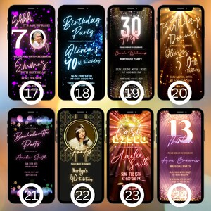 May include: A set of ten digital phone invitations for a birthday party. Each invitation features a different design with a sparkly background and a number from 17 to 23. The invitations are designed to be sent electronically.