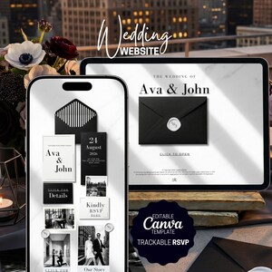 Könnte beinhalten: Eine digitale Hochzeitswebsite-Vorlage, die auf einem Smartphone und Tablet angezeigt wird. Das Design zeigt einen schwarzen Umschlag mit weißem Siegel, die Namen "Ava & John" und den Text "Wedding Website". Die Vorlage enthält eine "Trackable RSVP"-Funktion.