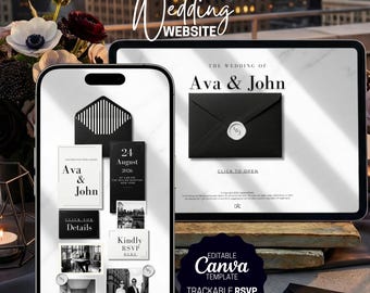 May include: A digital wedding website template displayed on a smartphone and tablet. The design features a black envelope with a white seal, the names "Ava & John", and the text "Wedding Website". The template includes a "Trackable RSVP" feature.