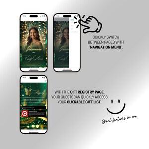 An infographic demonstrating the user-friendly features of the mobile Quinceañera invitation. It shows how guests can use the pop-up navigation menu to switch between pages and how they can easily access the clickable gift registry page.
