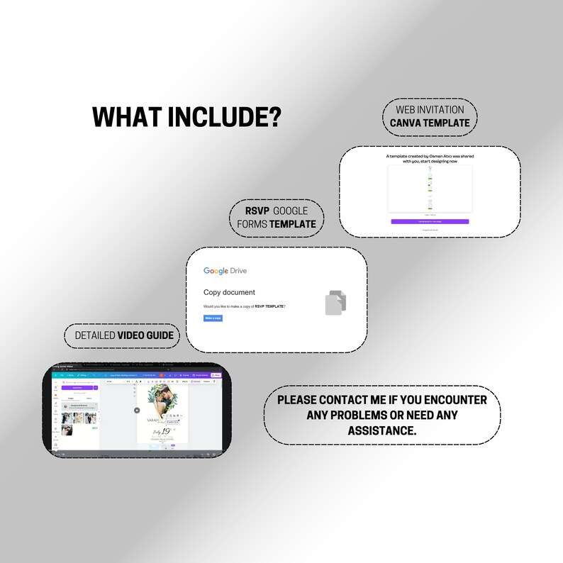An informational graphic titled "What's Included?" that lists the product deliverables. It shows that the purchase includes: a Canva template for the web invitation, a Google Forms template for the RSVP, and a detailed video guide. A final note offers customer assistance for any problems.