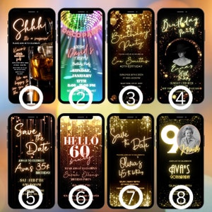 May include: Ten digital phone screen mockups with gold glitter backgrounds and text overlays. The text includes birthday party invitations with names, ages, and dates.  The text also includes the phrases "Save the Date" and "Hello 60".