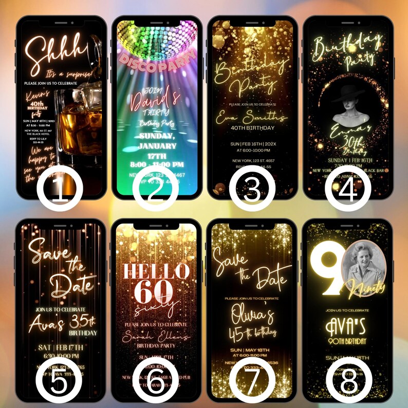 May include: Ten digital phone screen mockups with gold glitter backgrounds and text overlays. The text includes birthday party invitations with names, ages, and dates.  The text also includes the phrases "Save the Date" and "Hello 60".