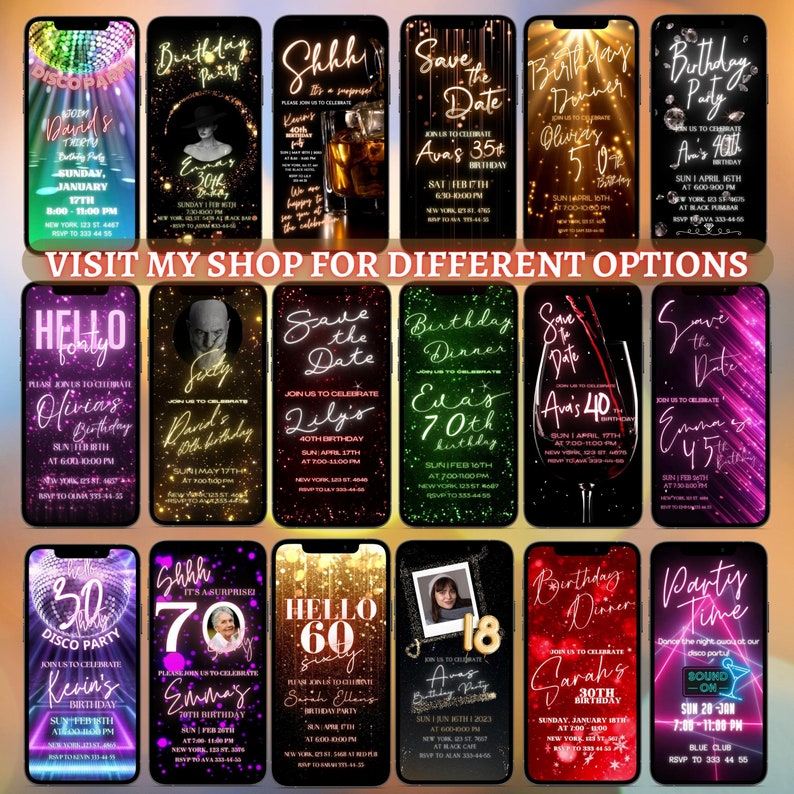Peut inclure: Une collection de 12 mod&egrave;les d'invitation num&eacute;rique pour t&eacute;l&eacute;phone pour des f&ecirc;tes d'anniversaire. Les mod&egrave;les pr&eacute;sentent une vari&eacute;t&eacute; de couleurs, de polices et de designs, y compris des paillettes, des n&eacute;ons et des boules disco. Le texte des invitations comprend les noms du f&ecirc;t&eacute;, la date et l'heure de la f&ecirc;te, ainsi que le lieu.