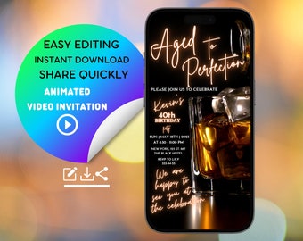Aged to Perfection Whiskey Birthday Invitation for Men - Cheers to a Whiskey Themed Birthday Party! - Editable Whiskey Invitation for Him