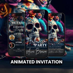 Invitación para fiesta de Halloween del Día de Muertos / Fiesta de cumpleaños de calavera de azúcar / Invitación digital para fiesta de Halloween con temática mexicana / Evite animado para teléfono