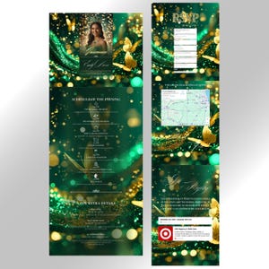 A full layout of the emerald green and gold Quinceañera digital invitation website. Sections shown include the main photo invitation, a detailed schedule of the evening, an online RSVP form, an embedded location map, and a gift registry section with clickable links.