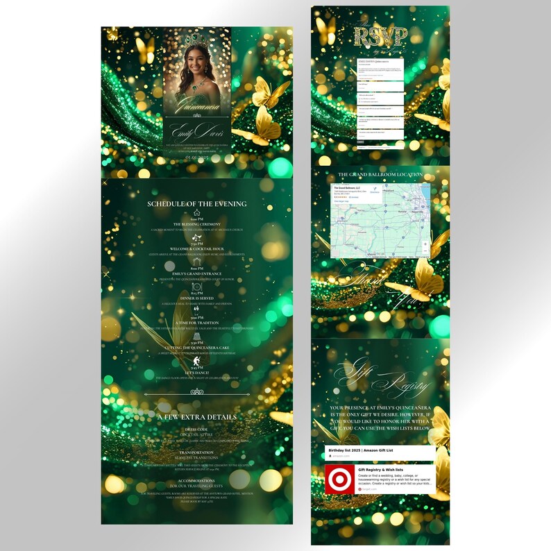 A full layout of the emerald green and gold Quinceañera digital invitation website. Sections shown include the main photo invitation, a detailed schedule of the evening, an online RSVP form, an embedded location map, and a gift registry section with clickable links.