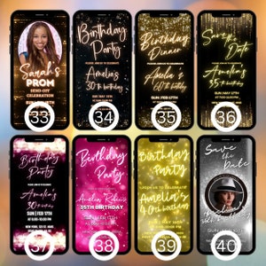 May include: Ten digital phone screen mockups with a glittery background and text that says "Birthday Party" and "Save the Date". The mockups are for different ages and events, including a prom send-off, a 30th birthday, a 35th birthday, a 40th birthday, and a 60th birthday.
