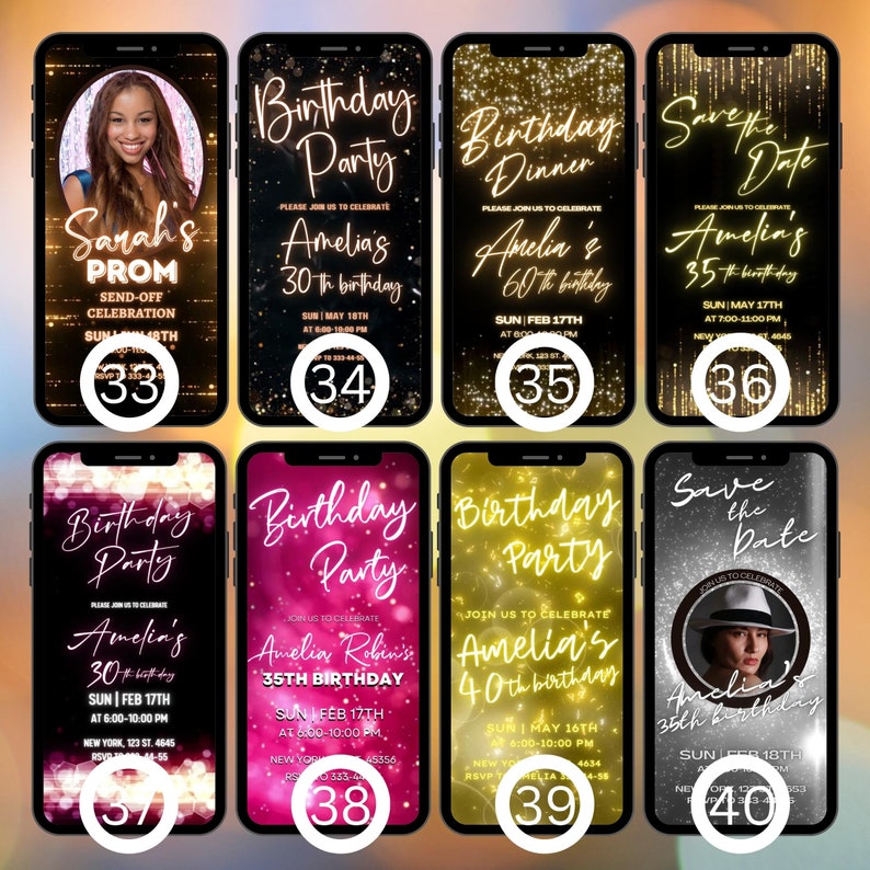 May include: Ten digital phone screen mockups with a glittery background and text that says "Birthday Party" and "Save the Date". The mockups are for different ages and events, including a prom send-off, a 30th birthday, a 35th birthday, a 40th birthday, and a 60th birthday.