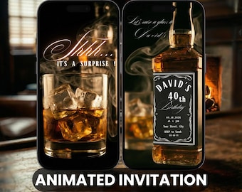 Whiskey Birthday Video Invitation, Animated Surprise Party Invite for Men, Canva Template