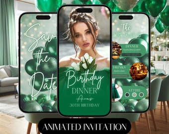 Emerald Glitter Birthday Dinner Invitation - Editable Smartphone Evite & Digital Save the Date - Green and Gold Woman's Mobile Photo Invite