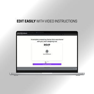 Może przedstawiać: Laptop z wyświetlonym tekstem "EDIT EASILY WITH VIDEO INSTRUCTIONS". Ekran pokazuje szablon RSVP stworzony przez Osmana Atıcı, z przyciskiem do użycia szablonu dla nowych projekt&oacute;w.