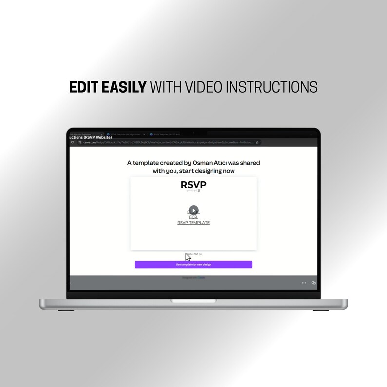 Może przedstawiać: Laptop z wyświetlonym tekstem "EDIT EASILY WITH VIDEO INSTRUCTIONS". Ekran pokazuje szablon RSVP stworzony przez Osmana Atıcı, z przyciskiem do użycia szablonu dla nowych projekt&oacute;w.