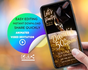 Digital Men&#39;s Beer Birthday Party Invitation | Instant Download, Mobile for Cheers to 50 Years | Video Invitation for Any Age