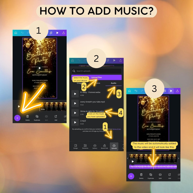 May include: A step-by-step guide on how to add music to a video using a mobile app. The app interface shows a video with a birthday party invitation and a music library with options to upload files, search for music, and select from a list of songs. The final step shows the video with the music track added to the timeline.