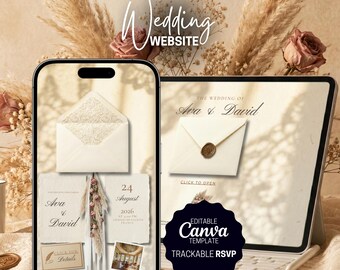 May include: A smartphone and tablet display a wedding website design. The design features an invitation with the names "Ava & David", a date, and RSVP information. The words "Wedding Website" and "Editable Canva Template" are also visible.