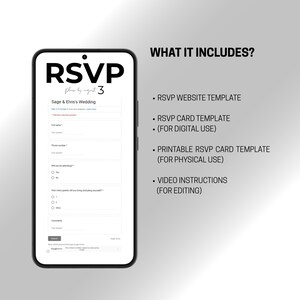 Może przedstawiać: Smartfon wyświetla formularz RSVP na ślub Sage i Elvisa. Ekran pokazuje pola na imię, numer telefonu i obecność. Tekst po prawej stronie wymienia zawarte elementy: szablon strony internetowej, szablony kart cyfrowych i drukowanych oraz instrukcje wideo.