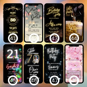 May include: Ten different phone screen mockups with birthday party invitations. The invitations are for various ages, including 21, 30, 40, 50, and 70. The invitations feature different colors and designs, including black, gold, pink, and blue.