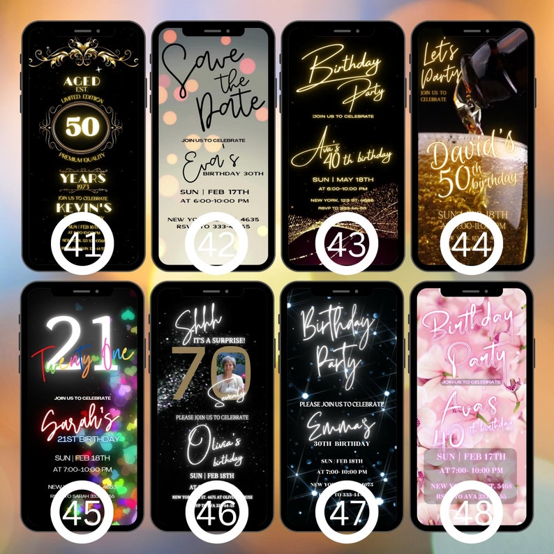 May include: Ten different phone screen mockups with birthday party invitations. The invitations are for various ages, including 21, 30, 40, 50, and 70. The invitations feature different colors and designs, including black, gold, pink, and blue.